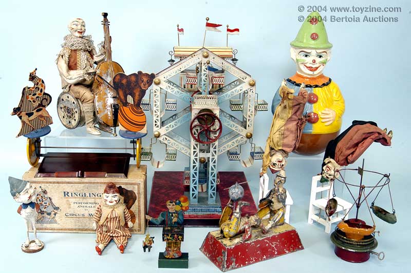 circus toys, clown musician, clockwork clown acrobats