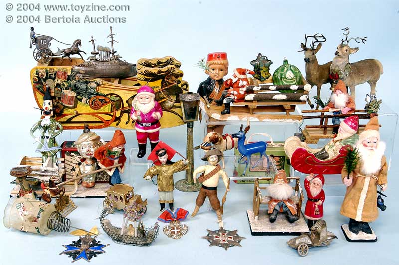 Christmas d&eacute;cor featuring cotton ornaments, glass, stamped cardboard, celluloid and fabric