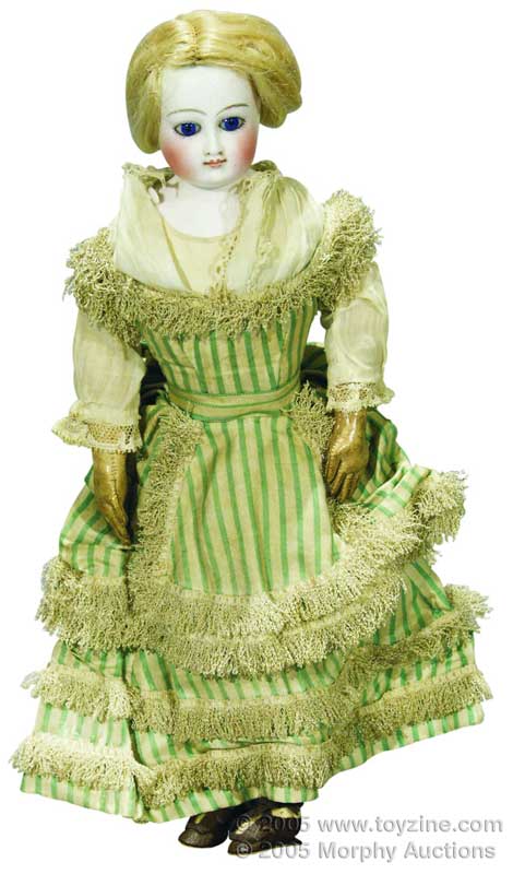 12in Jumeau-type fashion doll, unmarked, bisque shoulder-head on gusseted kid body, stationary cobalt eyes, mohair wig and cork pate