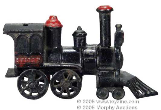 Safety Locomotive cast-iron still bank, 5&frac12;in tall, replaced cowcatcher