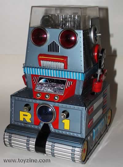 Robotank R1 - Tin - Japan - Nomura - !960's, battery operated tin robot, moves like a tank